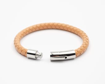 Pulsera de cuero beige, pulsera de cuero genuino para hombre, cierre de acero inoxidable