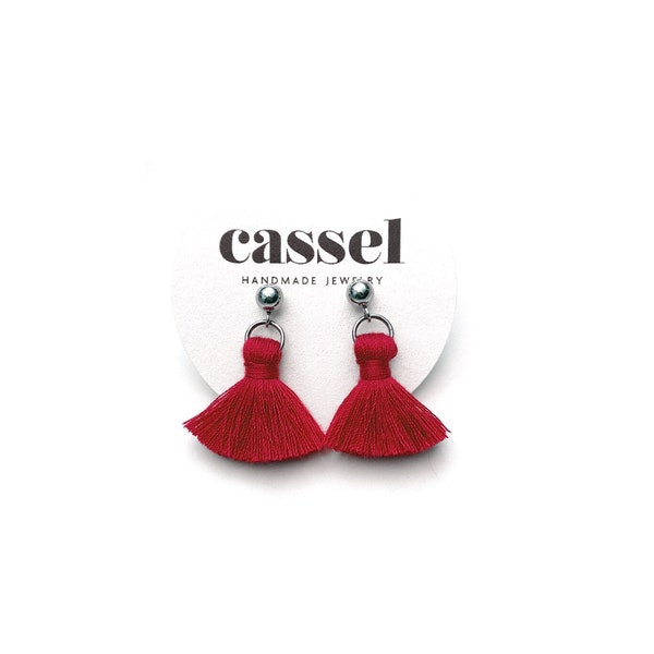 Red Mini Tassel Earrings. Dark red earrings.Stud Earrings. Tiny Tassel Earrings. Short Tassel Earrings. Gift for her. Short tassel earrings.