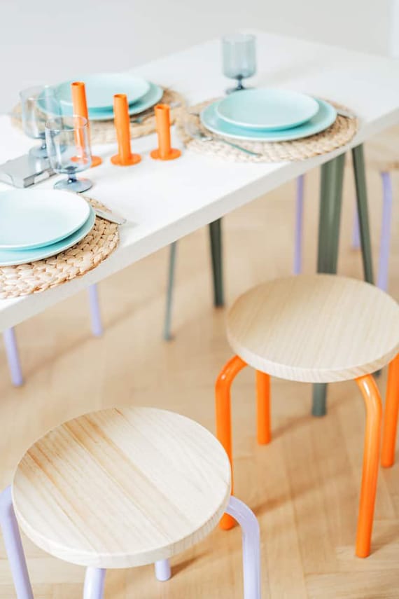 Modern Vintage IKEA Domsten Stool Orange Metal Legs and Wood Seat