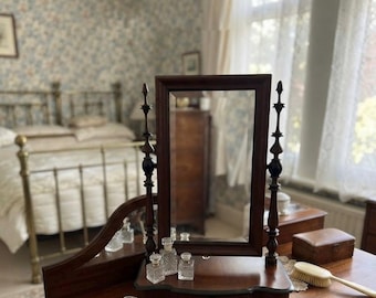 Antique Turned Wood Vanity Mirror / Shaving Mirror, Turned Wood Swivel Stand & Drawer