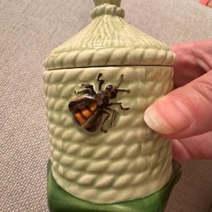 Art Deco Crown Devon small honey pot with lid, vintage bee hive honey jar with bee finials