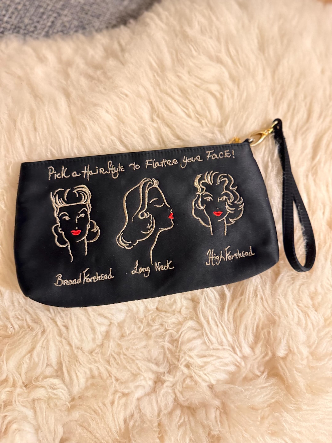 Vintage Lulu Guinness Black Satin Clutch, Embroidered Evening Bag