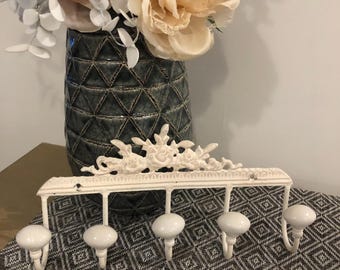 Cast iron white coat rack with 5 ceramic hooks Coat rack with Rose Flower motifs coat rack nursery room hallway bathroom French Chateaucore