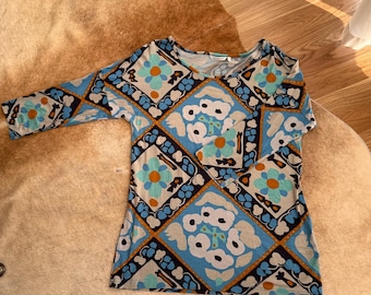 Marimekko Floral Geometric Blue Jersey Blouse 3/4 Sleeve Top Boat Neck