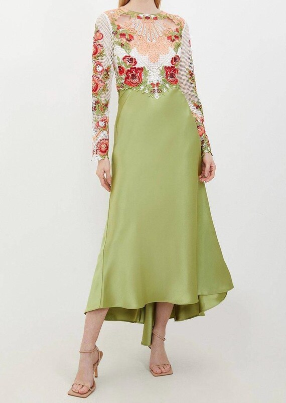 karen millen sage green dress Petite Premium Satin Floral Lace Maxi Size UK 10 Fits Medium 11/17/23