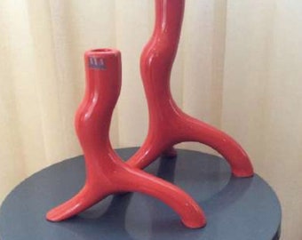 Vintage ASA alemán cerámica coral rojo candelabros