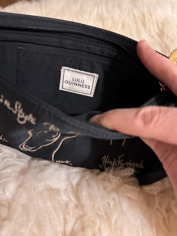 Vintage Lulu Guinness Black Satin Clutch, Embroidered Evening Bag