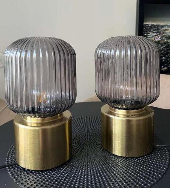 Ikea Solklint Art Deco Style End Table Lamp Night Light, One Out of Two Lamp Brass Base Grey Ripple Glass