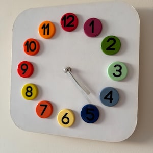 Könnte beinhalten: Eine quadratische weiße Wanduhr mit zwölf runden Markierungen in verschiedenen Farben, die jeweils eine schwarze Ziffer von eins bis zwölf tragen. Die Uhr hat zwei silberfarbene Zeiger in der Mitte, die die aktuelle Uhrzeit anzeigen.
