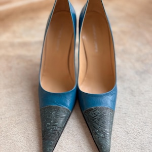 Décolleté Gianmarco Lorenzi anni 2000 in pelle con punta affusolata, colore blu turchese acquamarina, scarpe stravaganti - Taglia 37.5 EU, punta in pelle di pitone, tacchi eleganti e di classe