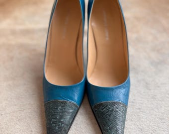 Zapatos de tacón de piel con punta afilada Gianmarco Lorenzi de los años 2000, color azul turquesa, extravagantes - Talla 37.5 EU, puntera de piel de pitón, tacones elegantes y con clase.