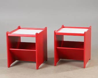 Vintage Ikea 80s Robin night table bedside Red wood, designer Gillis Lundgren, one out of two tables