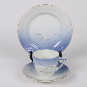 Bing Grøndahl Seagull Dessert Plate, Cup and Saucer Set, B&G Seagull Cup Saucer Cake Plate Trio, Blue Porcelain, Vintage Danish Porcelain