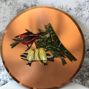 MCM Round Hammered Copper Wall Art Decor Hand Tooled Picture Hand Crafted Repousse Copper Art Birds Family Wall Art Embossed Birds on a Tree