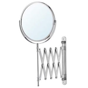 Peut inclure: Un miroir circulaire mural avec une finition chromée polie. Le miroir est fixé à un bras extensible de type accordéon qui permet un positionnement réglable. Le cadre et le support de montage sont fabriqués dans un matériau métallique assorti.