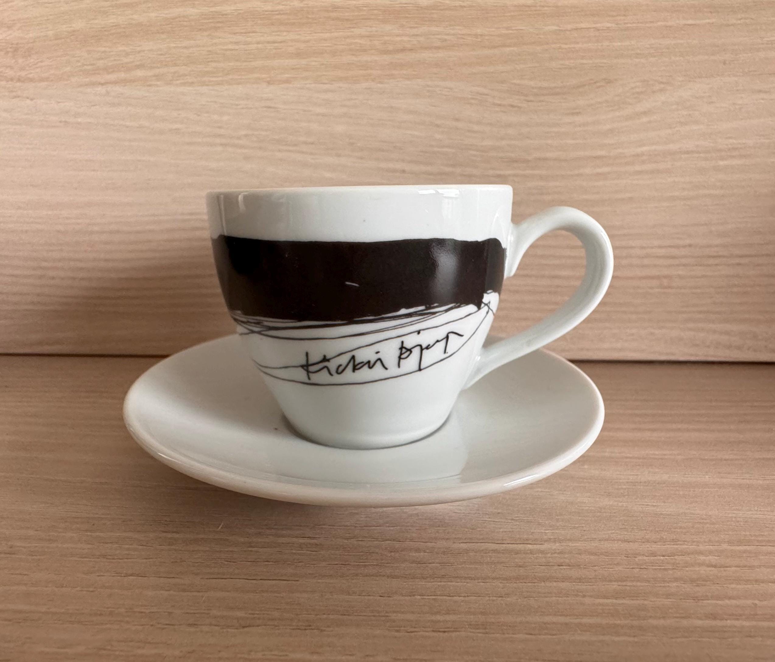 Vintage Ikea Espresso-Tasse mit Untertasse, Susan Pryke Design, schwarz-weißes Porzellan