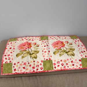 Handmade Pink Peony Table Runner Patchwork Quilt Table Decor Cottagecore Vintage