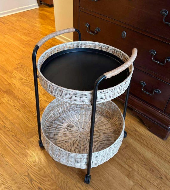 Vintage Ikea Side Table Rattan Trolley, Serving Cart With Storage