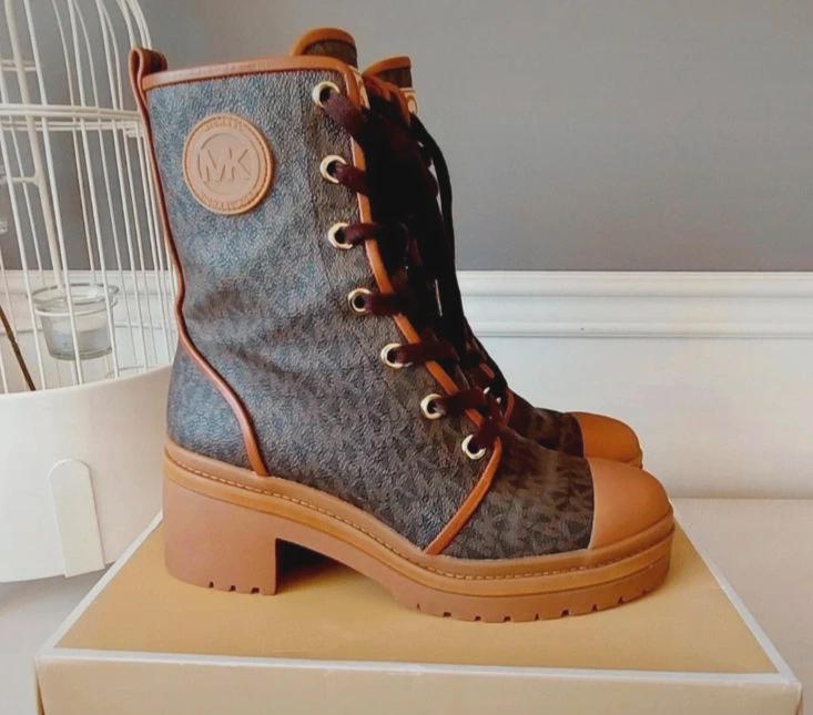 Michael Kors Corey Logo Combat Boot Bootie Brown Tan Size 37EU