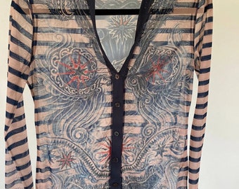 Jean Paul Gaultier tattoo Mesh long sleeve blouse top button up, size M, Iconic JPG Gaultier mesh