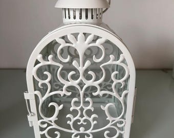 Farol Ikea Gottgera Vintage Blanco con Estructura Metálica Decorativa para Velas, Metal y Cristal