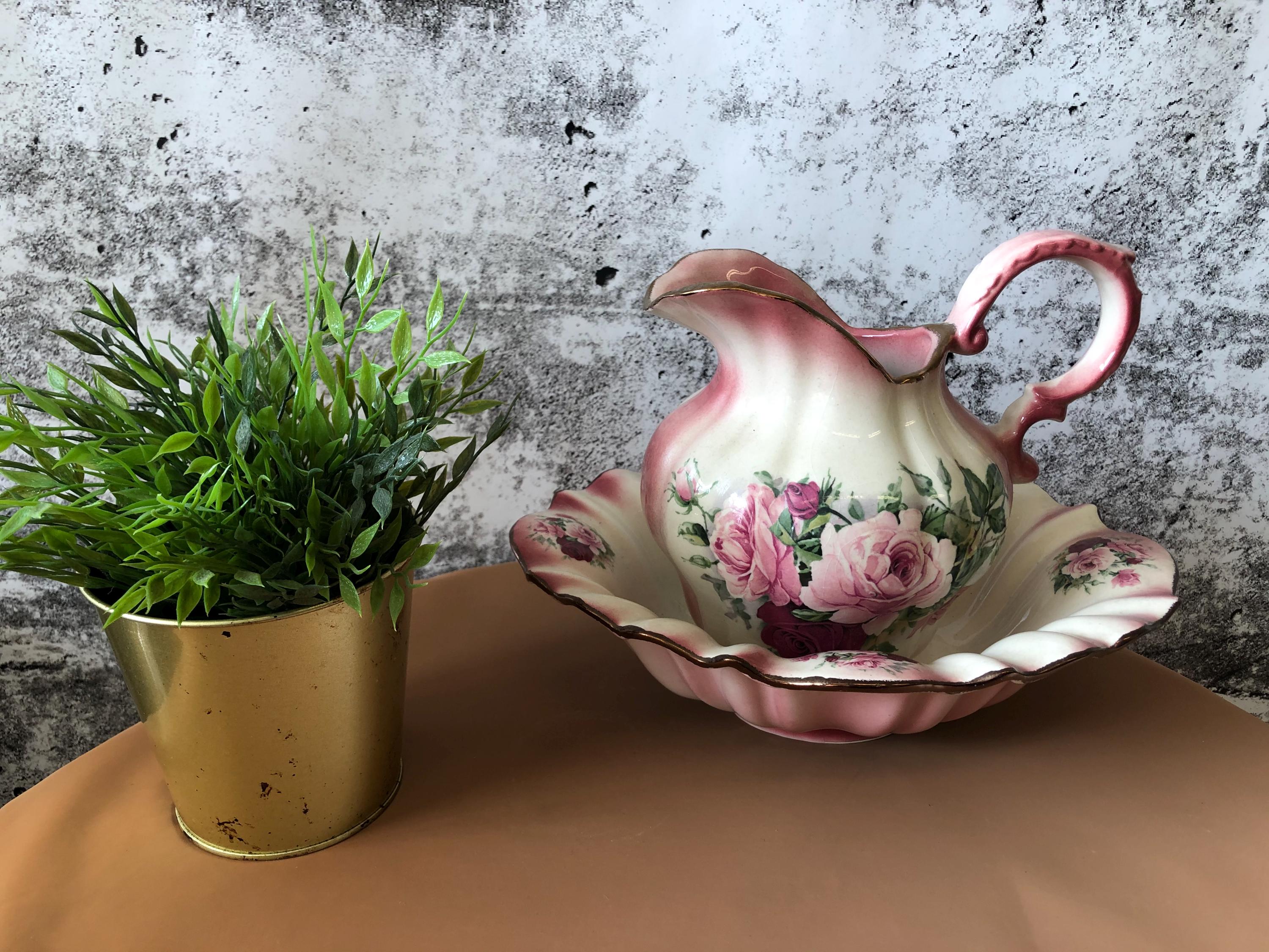 70s Staffordshire Floral Ironstone Pink Rose Washing Basin Bowl