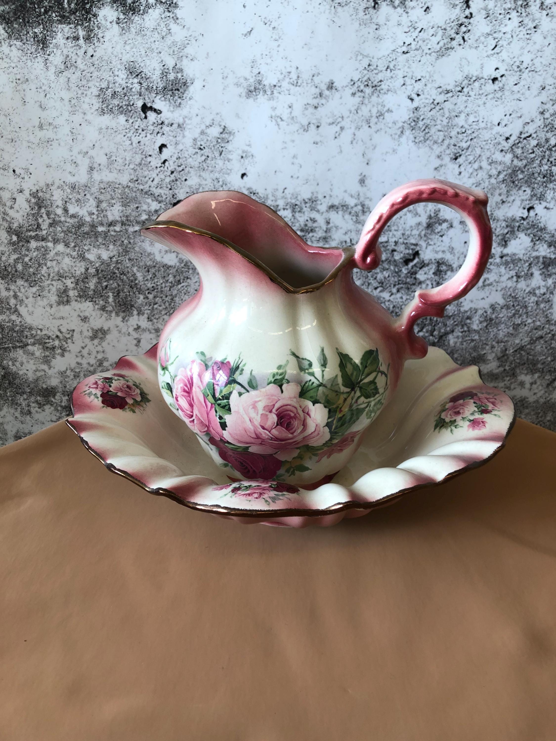 70s Staffordshire Floral Ironstone Pink Rose Washing Basin Bowl