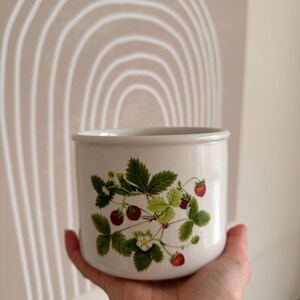 May include: White ceramic planter with a strawberry design. The planter features green leaves, white flowers, and red strawberries.