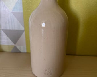 Vintage French Wine Bottle Beer Bottle Beige Gray Glazed Stoneware / Rustic Bud Vase