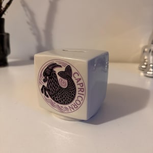 May include: A white and pale blue ceramic money box with a slot on top. The front displays a Capricorn zodiac symbol in black and purple, with the word "CAPRICORN" in a circular design.