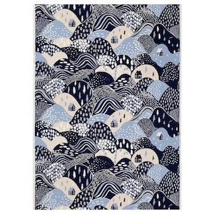 May include: A fabric print featuring a repeating landscape pattern of rolling hills in shades of navy blue, light blue, and cream. The design includes stylized trees, dotted textures, wavy lines, and small house icons scattered across the hills.