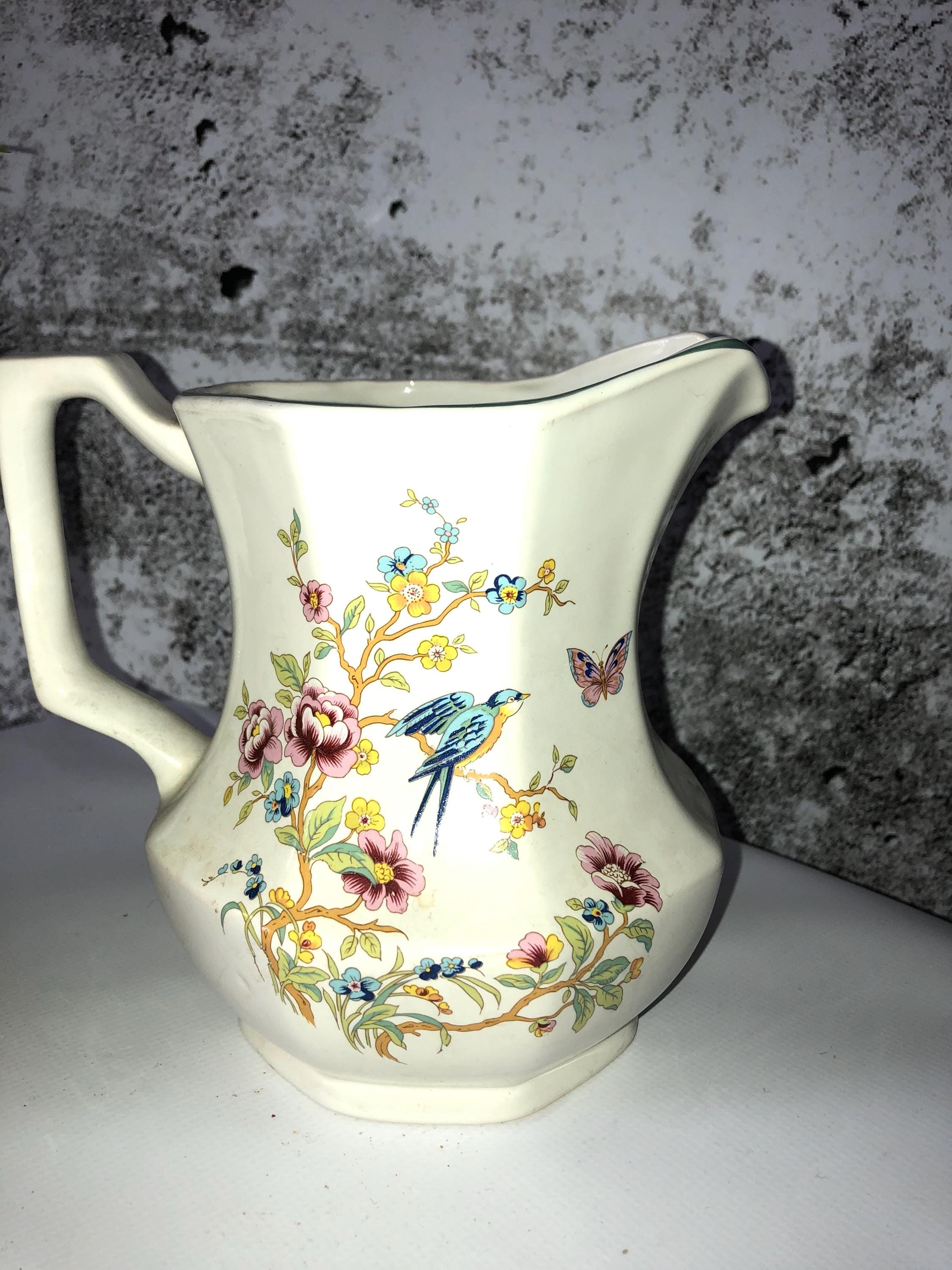 Vintage ceramic Sparrow Floral Pitcher Bird Jug Whimsical Decor Vase Unusual Shape Planter Flower Watering Jug Coquette bows