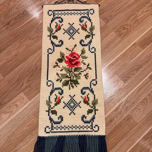 Vintage Scandinavian Embroidered Wall Hanging 1960s, 1970s Handmade Retro Home decor Wool Cross Stich Swedish Wall Art Wrought Hanger Hook
