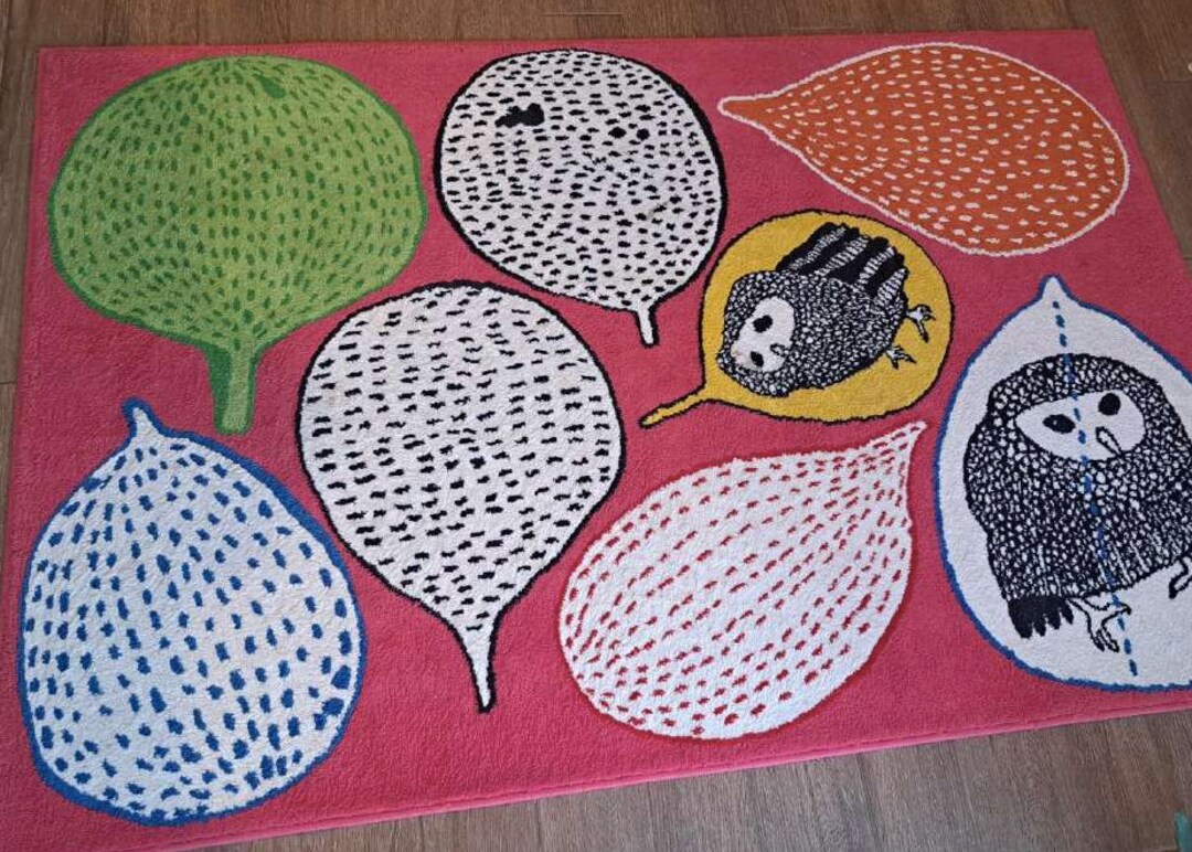 Vintage IKEA GULORT Colourful Pink Black Owl Rug Swedish