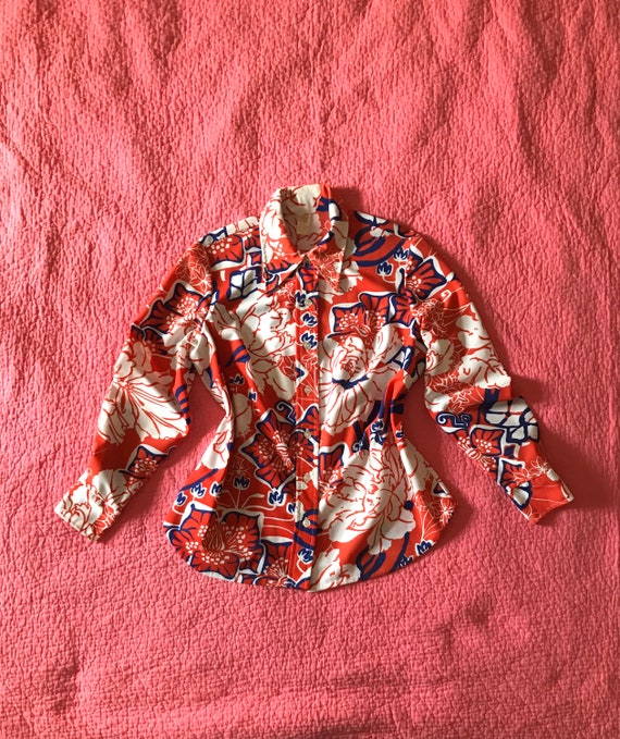 Vintage 70s Bold Floral Mod Shirt/Mod Shirt/Red Wh