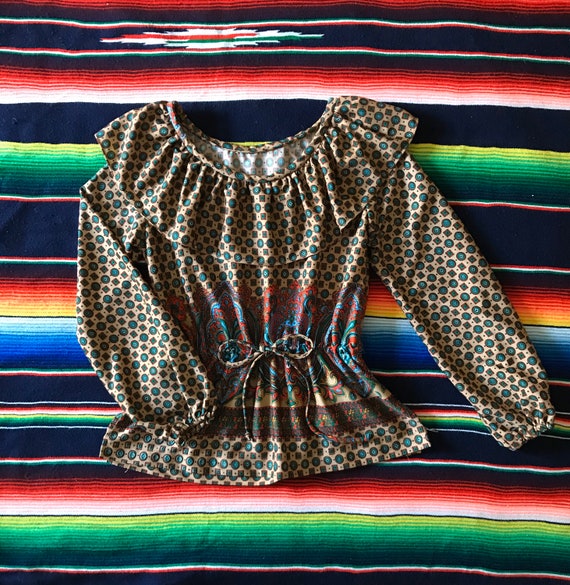 Vintage 70s Peasant Top/Ruffles/Border Print Blous