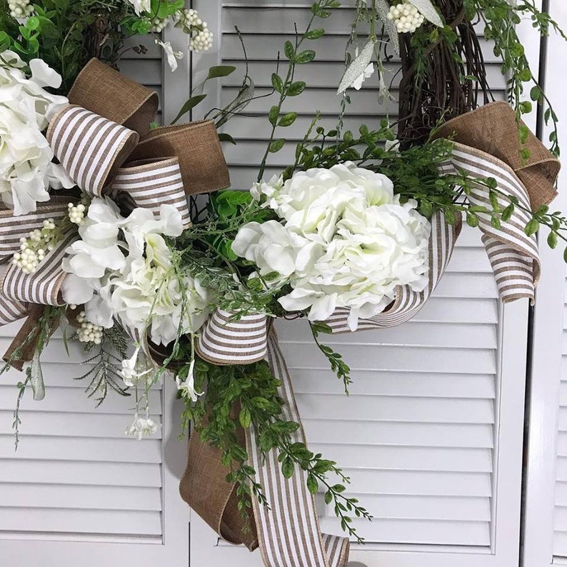 Country Style Wreath Spring Wreath White Hydrangea Wreath Front Door Wreath, Wedding Wreath Everyday Wreath Grapevine Wreath