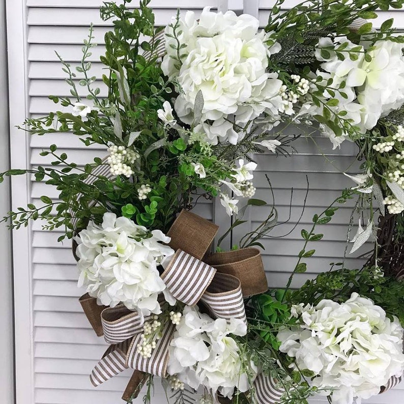 Country Style Wreath Spring Wreath White Hydrangea Wreath Front Door Wreath, Wedding Wreath Everyday Wreath Grapevine Wreath