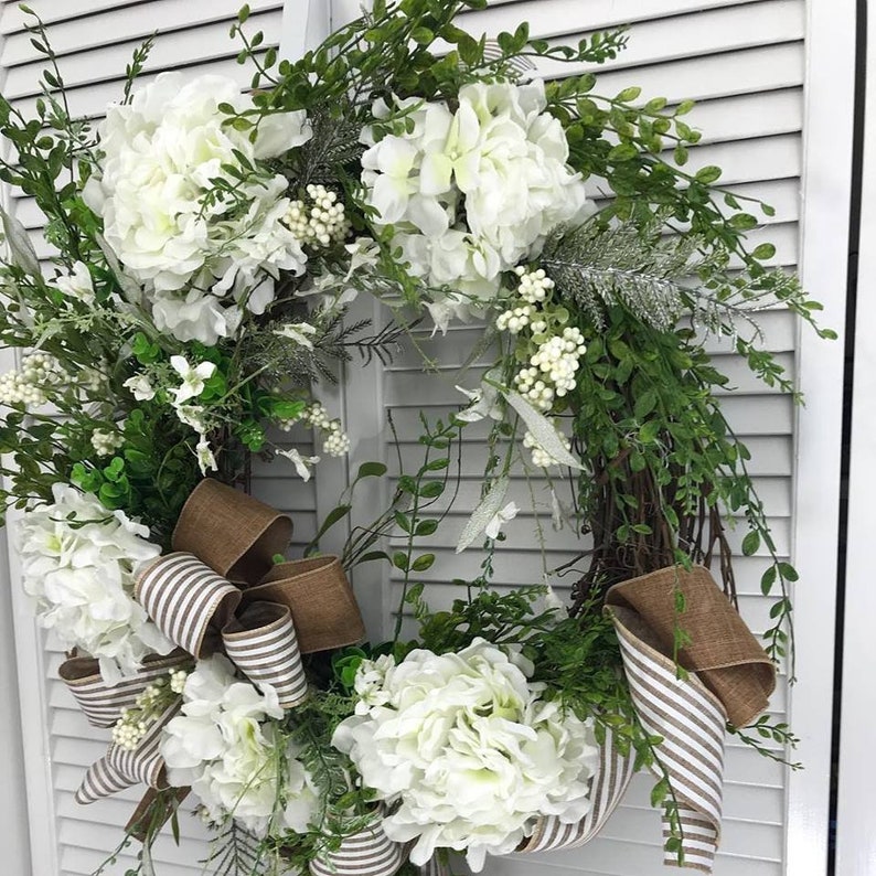 Country Style Wreath Spring Wreath White Hydrangea Wreath Front Door Wreath, Wedding Wreath Everyday Wreath Grapevine Wreath