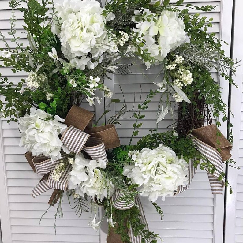 Country Style Wreath Spring Wreath White Hydrangea Wreath Front Door Wreath, Wedding Wreath Everyday Wreath Grapevine Wreath