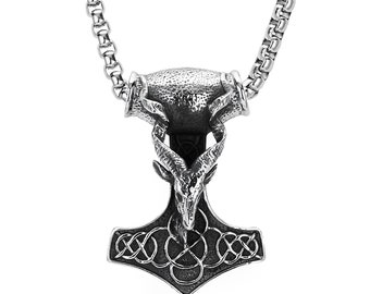 APE7® Massiver Wikinger Thor's Hammer Edelstahl Anhänger mit Bockkopf Runen Amulett mit oder ohne Halskette