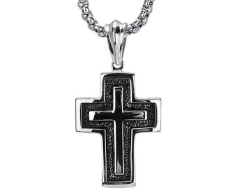 APE7® Edelstahl Holografisches Kreuz Anhänger Holo Cross Blackened mit ohne Kette Edelstahl Halskette 75cm Mittelalter Biker Schmuck Gothic