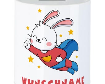 Personalisierte Kinder Spardose Hase Superheld - mit Wunschnamen - personalisierbar – Sparbüchse für Jungen & Mädchen - Geschenkidee