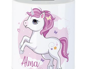 Personalisierte Einhorn Spardose für Mädchen mit Wunschnamen • Kinder Sparbüchse Keramik • Geschenk zur Geburt, Taufe, Einschulung