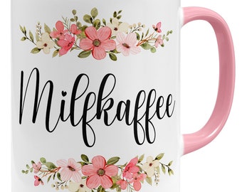 witzige Kaffeetasse mit Spruch Heiße Milfkaffee Milf Tasse | Keramik Becher 325ml | Beidseitig bedruckt | Große Farbauswahl I