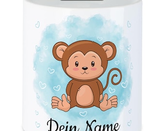 Personalisierte Kinder Spardose mit Wunschnamen Äffchen - personalisierbar individualisierbar - Keramik - beidseitig bedruckt - Geschenkidee
