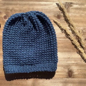 Adult/teen sized wool blend stretchy handknitted beanie. Denim blue . Ready to ship. More colors available. image 1