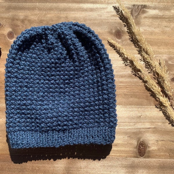 Adult/teen sized wool blend stretchy handknitted  beanie. Denim blue . Ready to ship. More colors available.