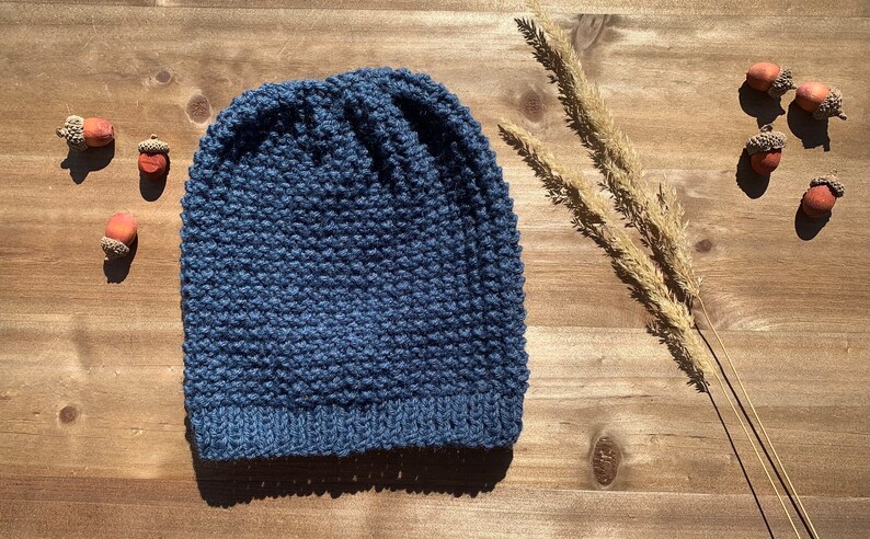 Adult/teen sized wool blend stretchy handknitted beanie. Denim blue . Ready to ship. More colors available. image 1