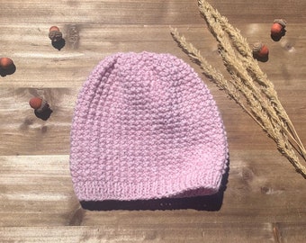 Adult/teen sized wool blend stretchy handknitted  beanie Soft pink heather. Ready to ship. More colors available.